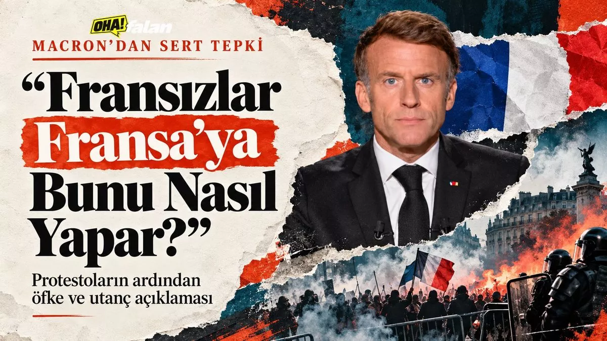 Fransa’da gösterilerin ardından kırılmış vitrinlerin ve yanmış araçların bulunduğu bir meydan, uzakta polis bariyerleri, yerde temizlik ekipmanları, yazısız ve yüzlerin görünmediği belgesel estetiğinde bir sahne.