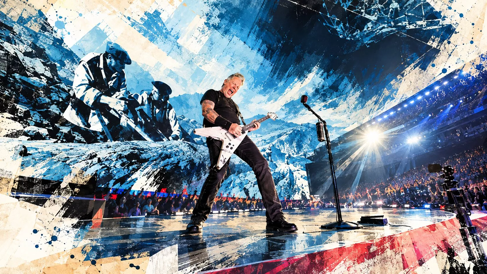 Dev kubbeli bir konser salonunda dört kişilik metal grubu küçük bir sahnede çalarken çevreyi saran ekranlarda fırtına, savaş ve dev soyut yaratık görüntülerinin yer aldığı açık renkli editoryal illüstrasyon.