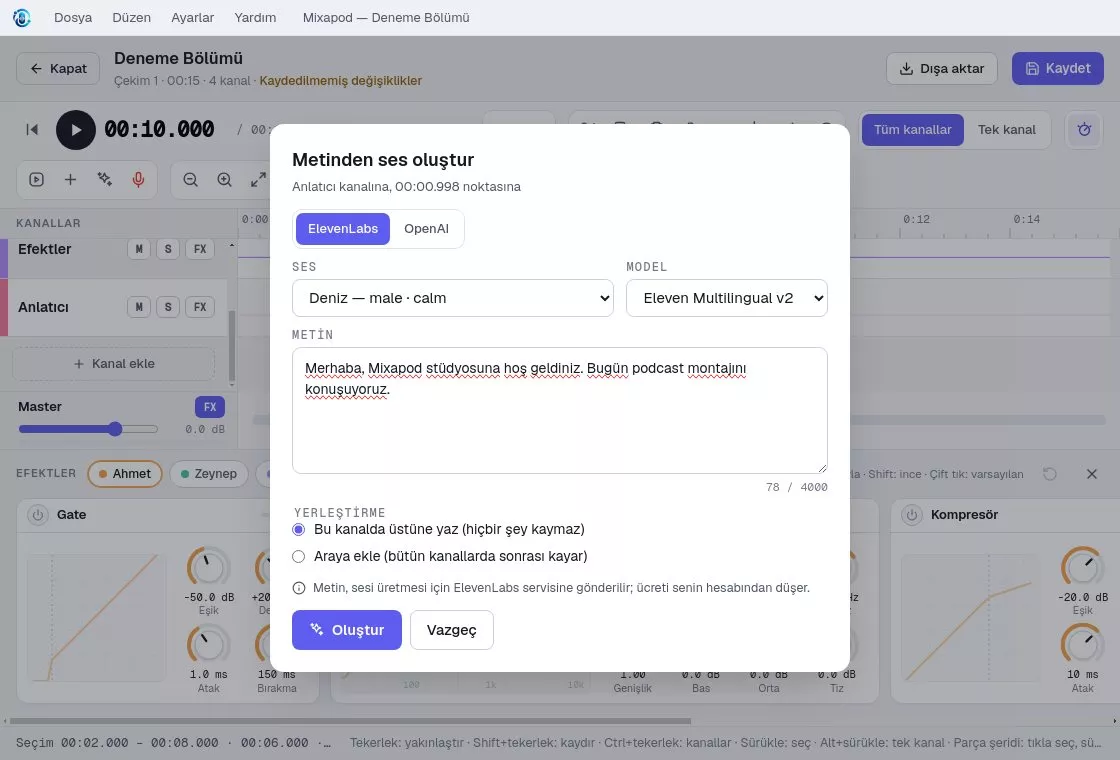 Metinden ses oluşturma penceresi