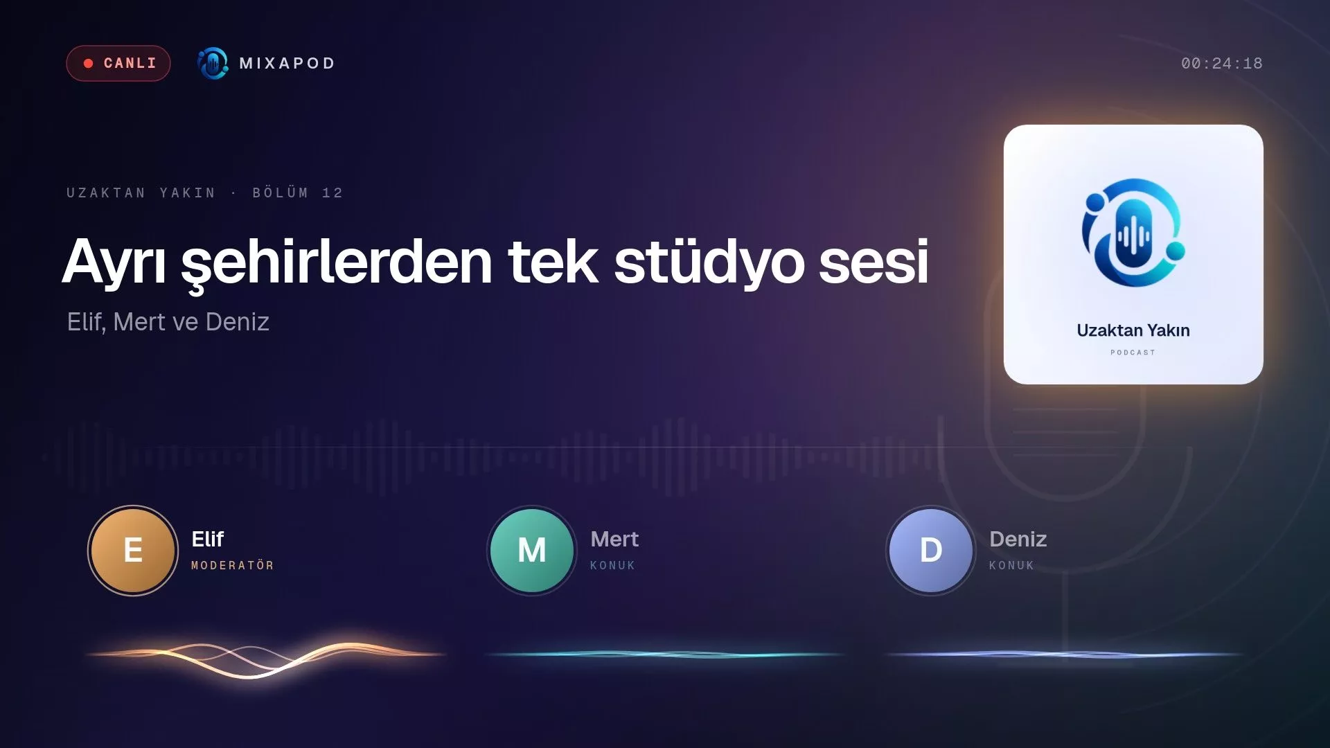 Uzaktan Yakın podcastinin canlı yayın ekranı, konuşanların sesine göre hareket eden çizgilerle