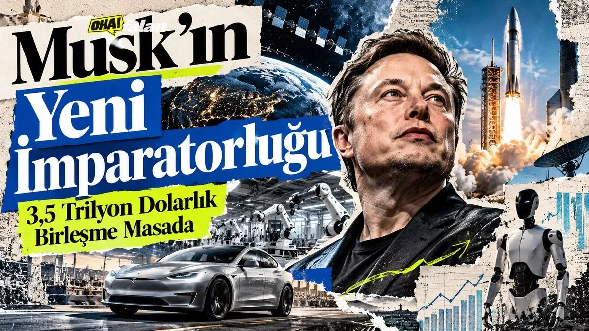 Dev bir uzay roketi ile elektrikli otomobilin aynı teknolojik kompleks içerisinde buluştuğu, robot kolları ve uydu sistemleriyle çevrelenmiş fütüristik endüstriyel sahne.