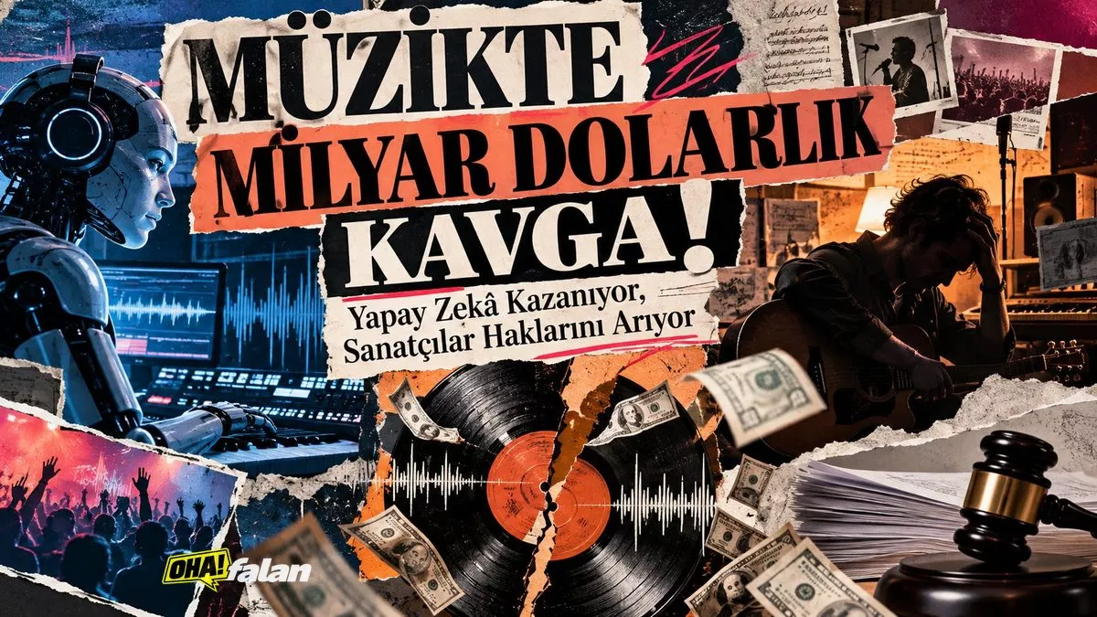 Dev bir dijital müzik üretim merkezinin karşısında küçük bir kayıt stüdyosu, ortada kırılmış bir plak, havada uçuşan dolar banknotları ve ses dalgaları, kırmızı ve elektrik mavisi tonlarında dramatik editoryal kompozisyon.