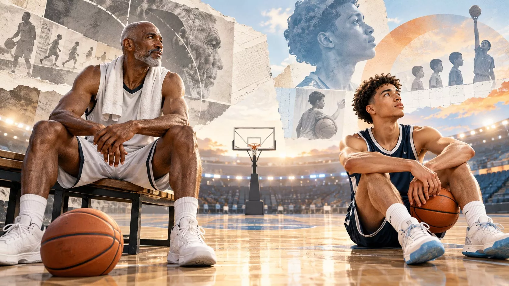 Açık renkli editoryal illüstrasyonda basketbol sahasının iki ucunda deneyimli ve genç iki oyuncu silueti, ortada pota ve farklı kuşakları simgeleyen soyut takvim yaprakları.