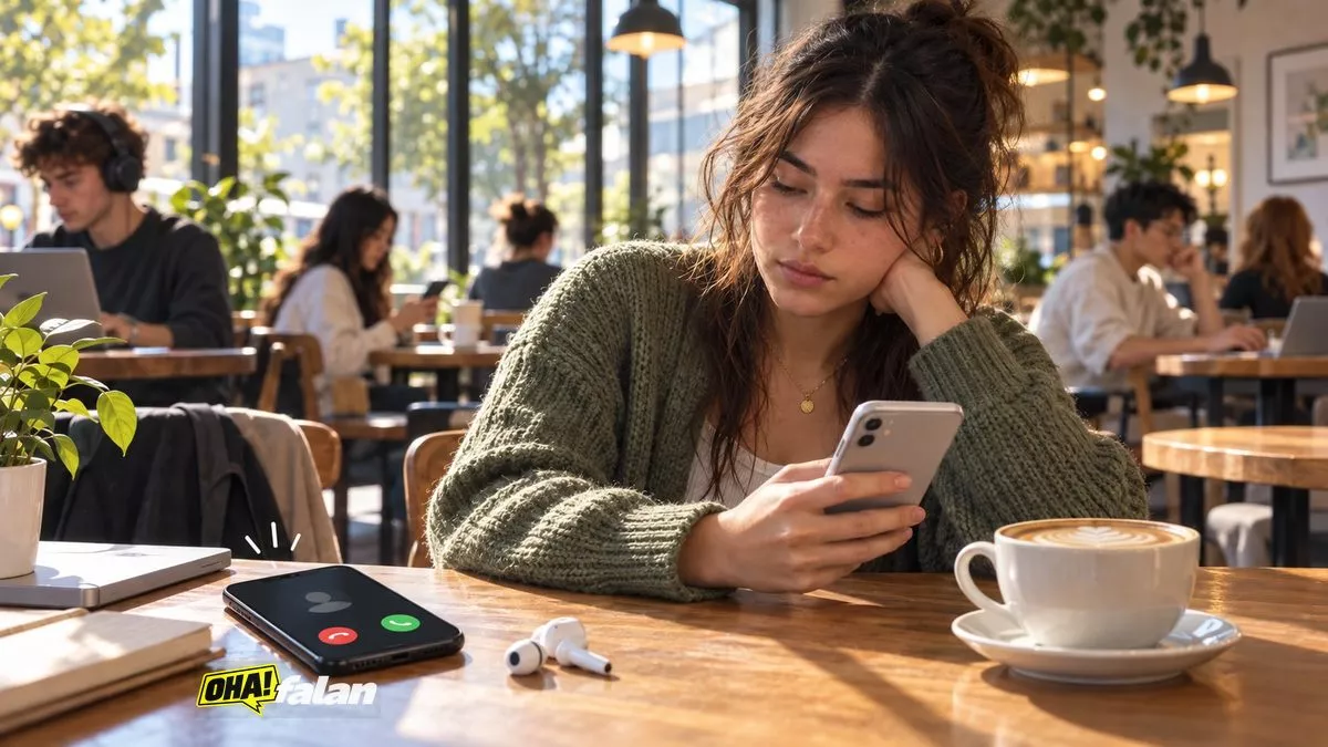 Kalabalık bir kafede telefonuna gelen aramayı reddedip mesaj yazmaya başlayan genç bir kişinin açık renkli editöryal illüstrasyonu.