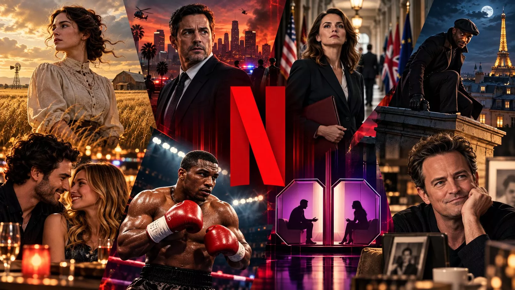 Netflix logosunun merkezde yer aldığı, East of Eden, Animals, The Diplomat, Lupin, Nobody Wants This ve Mike Tyson yapımlarını temsil eden afiş estetiğinde editöryal bir kolaj