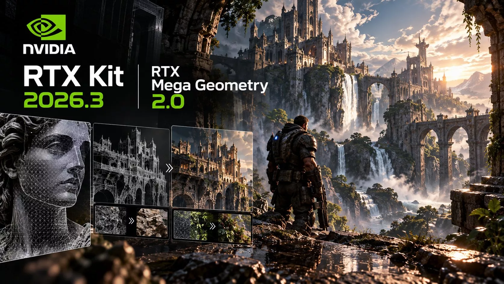 RTX teknolojileriyle oluşturulmuş yüksek detaylı bir oyun sahnesinde yoğun geometri, ışın izleme ve yapay zekâ destekli render teknolojilerini temsil eden fütüristik grafikler