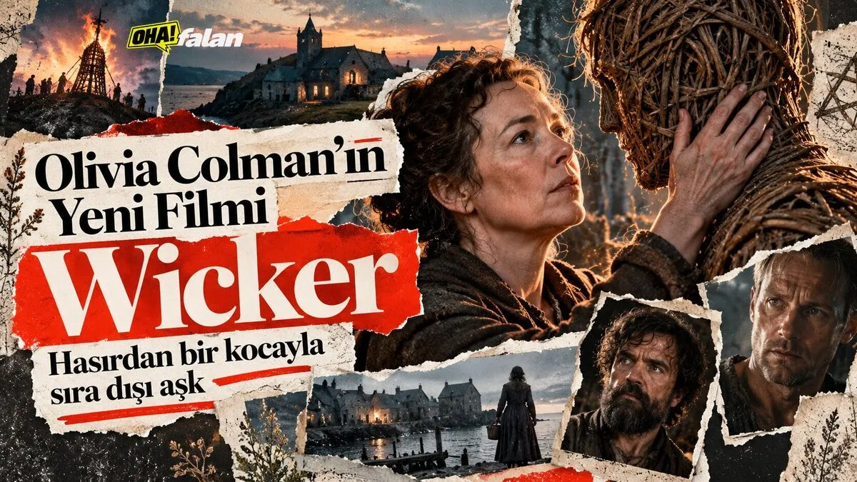 Orta Çağ atmosferinde, loş ışıklarla aydınlatılmış taş bir köy evinde, hasırdan örülmüş insan biçimindeki bir figürle karşı karşıya duran kadın silüeti. Arka planda sisli köy ve mum ışıkları, karanlık masalsı sinema estetiği.