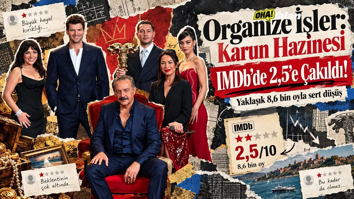 Karanlık bir film platosunda kameraya doğru ağır çekimde yürüyen bir dolandırıcı ekibi, ön planda kırılmış yıldız heykelleri, yerde dağılmış senaryo sayfaları ve dramatik sinema ışıkları.