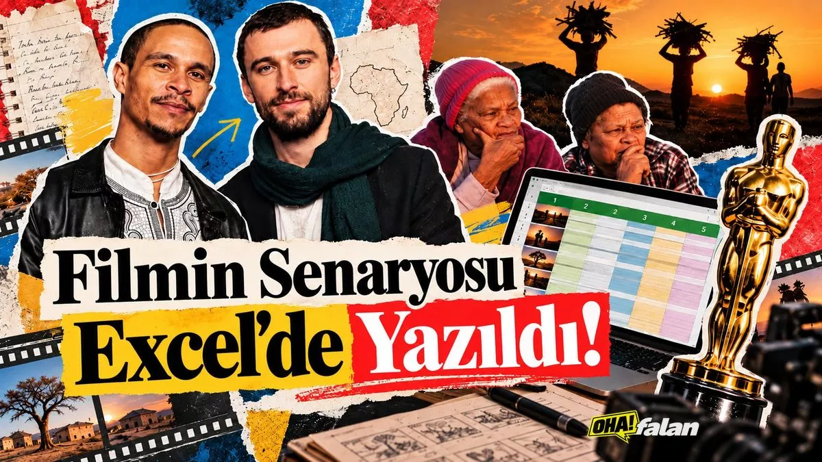 Eski bir sinema kamerasının yanında açık duran dizüstü bilgisayarda beş sütunlu elektronik tablo, arka planda Güney Afrika'nın kırsal dağ manzarası, sinematografik ışıklandırma ve canlı renkler.