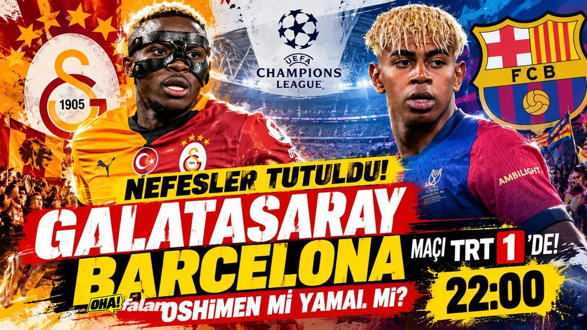 İstanbul'da gece oynanan büyük bir futbol karşılaşmasını anlatan, sarı-kırmızı ve bordo-mavi renklerin karşılıklı kullanıldığı, tribün ışıkları ve futbol sahasının yer aldığı sinematik editoryal illüstrasyon. Gerçek futbolcu yüzleri, kulüp armaları ve yazı bulunmuyor.