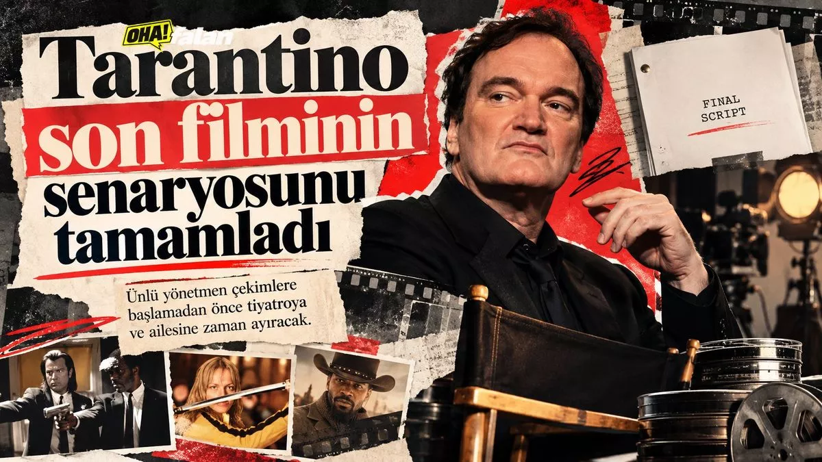 Karanlık bir sinema stüdyosunda yönetmen koltuğu, üzerinde tamamlanmış senaryo bulunan masa, klasik film kamerası, film makaraları ve arkadan gelen güçlü sinema ışıklarıyla hazırlanmış sinematik kompozisyon.