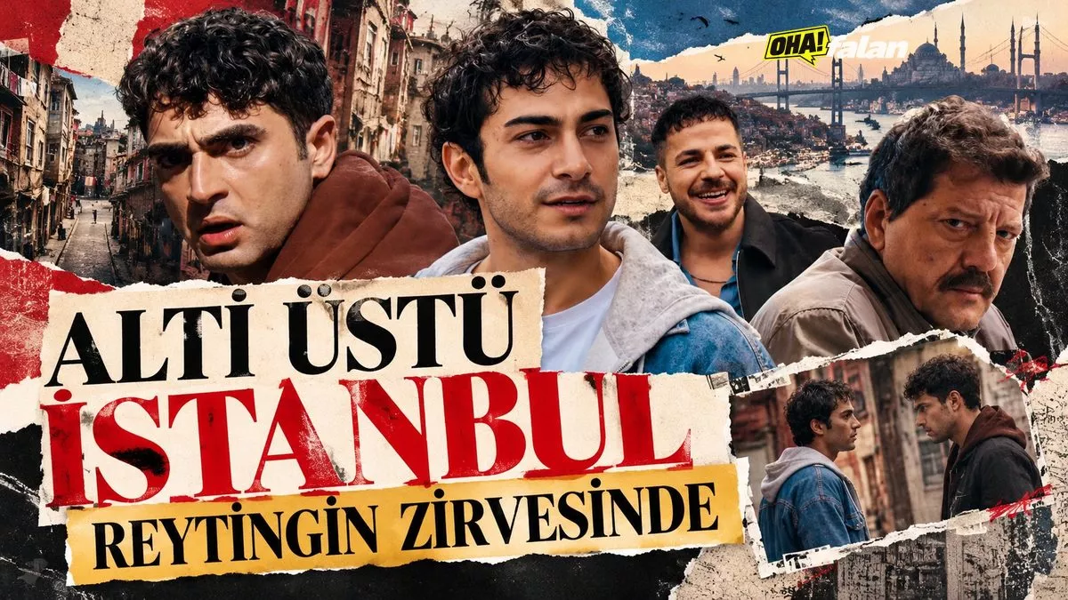 İstanbul'un eski mahalle dokusunu yansıtan evlerin üzerinde yükselen iki büyük televizyon ekranı, ön planda birbirine çok yakın iki reyting çubuğu ve rekabeti simgeleyen dramatik ışıklar.