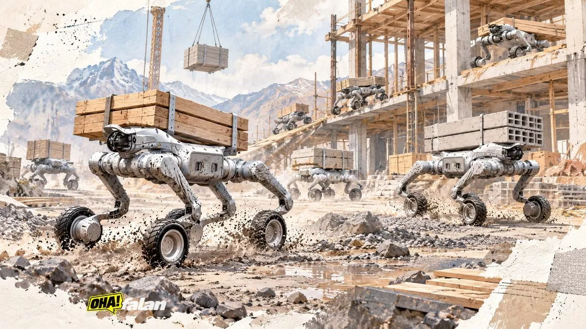 Modern bir şantiyede ahşap yapı elemanlarını taşıyan otonom vinçler ve zeminde birlikte çalışan küçük mobil robotların görüldüğü gerçekçi geniş açı sahne, yazı ve logo yok.