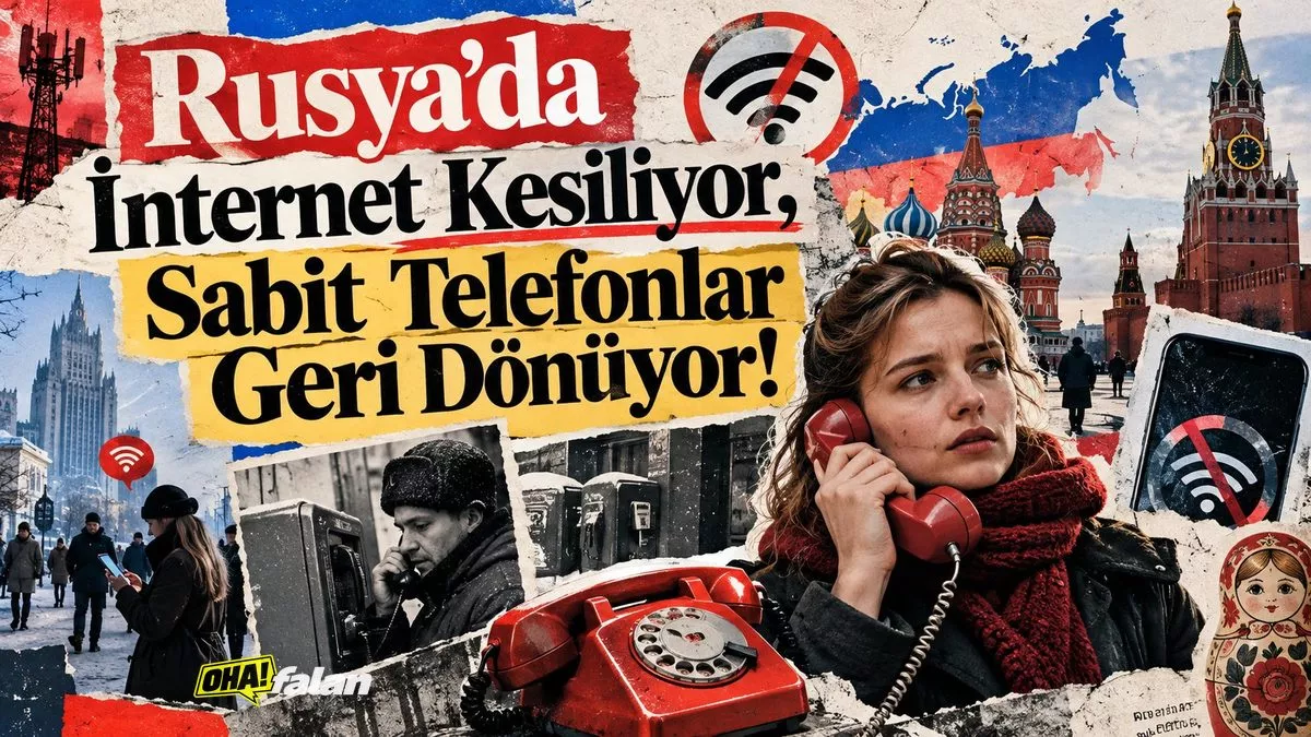 Moskova'da eski tip kablolu telefonun bulunduğu modern bir çalışma masası, arka planda bağlantısı kesilmiş cep telefonu ve pencereden görünen şehir manzarası. Canlı renklerde, gerçekçi, editoryal fotoğraf estetiğinde bir sahne.