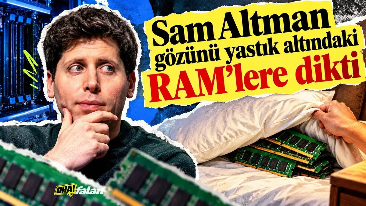 Yastığının altına RAM bellek modülleri saklayan bir kişinin yatak odası. Açık bir bilgisayar kasası ve boş bellek yuvaları görülüyor. Mizahi, canlı renkli, fotogerçekçi bir sahne. Görselde yazı, logo ve gerçek kişi yüzü bulunmuyor.