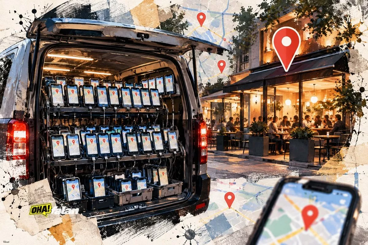 Gece vakti bir restoranın önünde park etmiş, içi yüzlerce akıllı telefonla dolu bir minibüs. Telefonların ekranlarında harita ve konum simgeleri görülüyor. Restoranın içerisinde çok az müşteri bulunmasına rağmen dijital ortamda yoğunluk algısı yaratılıyor. Sinematik ve fotogerçekçi editöryal kompozisyon.