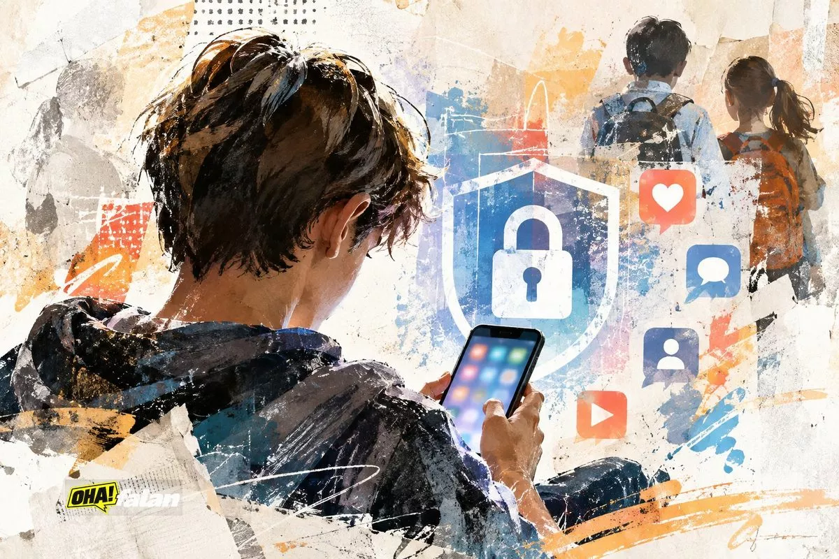 Karanlık bir odada akıllı telefonuna bakan genç bir kişinin arkadan görüldüğü, telefon ekranındaki sosyal medya simgelerinin önünde saydam bir dijital kilidin bulunduğu, mavi ve turuncu ışıklarla aydınlatılmış gerçekçi editoryal sahne. Yüz, marka logosu ve yazı bulunmuyor.