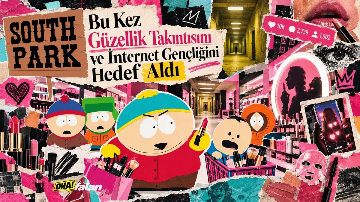 Renkli bir çizgi film estetiğinde, kozmetik ürünleriyle dolu büyük bir mağazada kaybolmuş çocuklar, arka planda tekinsiz ve sonsuza uzanıyormuş gibi görünen boş koridorlar, kozmetik aynaları ve abartılı güzellik ürünleri, canlı pembe, turuncu ve turkuaz tonları, mizahi ve hafif ürkütücü atmosfer, yazısız ve logosuz.