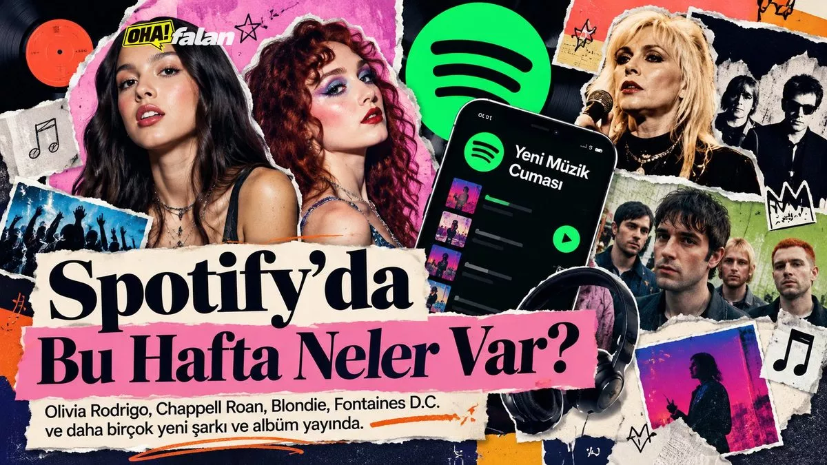 Canlı mavi, pembe ve sarı tonlarında, havada süzülen plaklar, kulaklıklar, ses dalgaları ve dijital müzik çalar ekranlarından oluşan dinamik bir müzik kolajı.