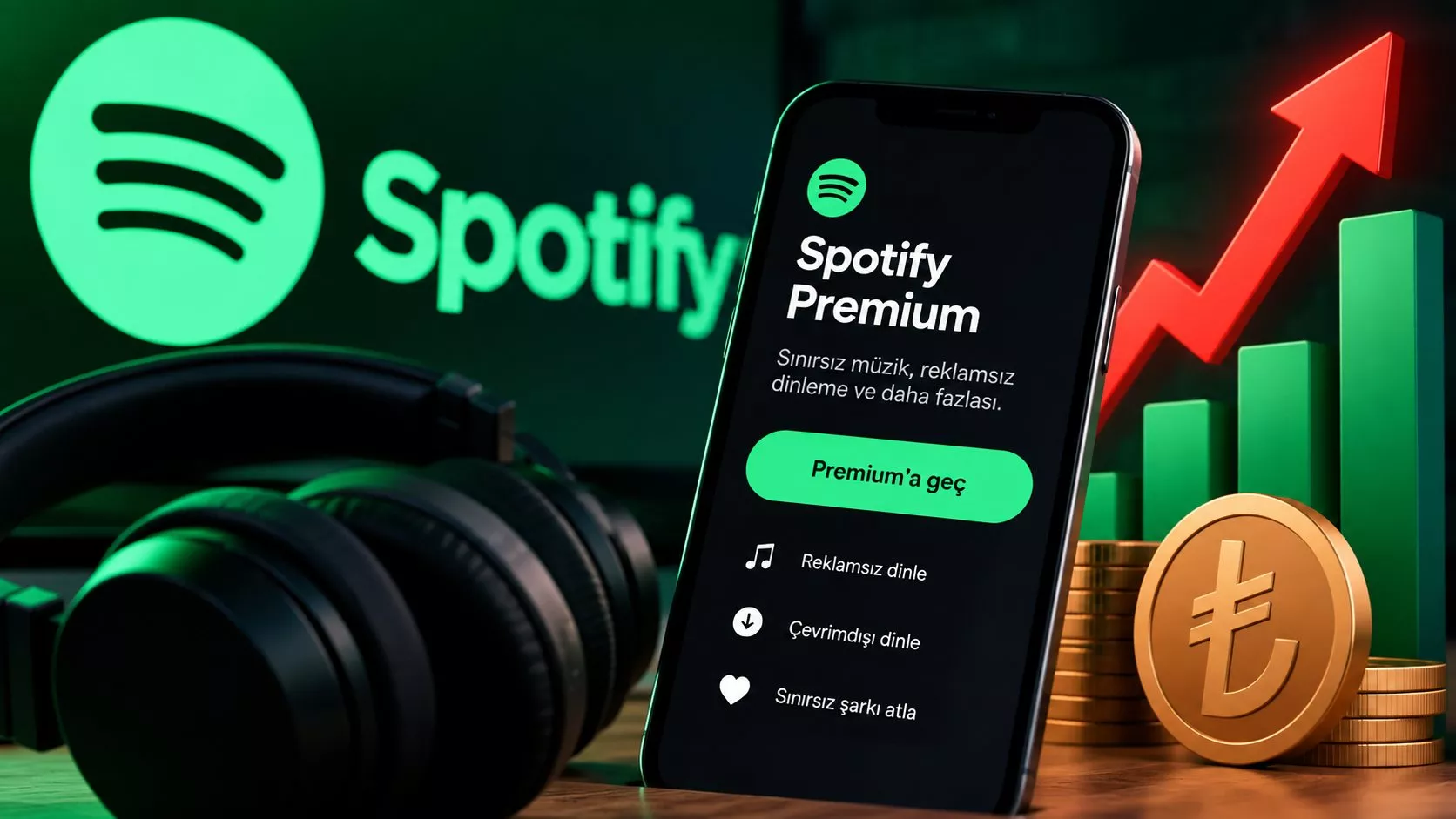 Spotify logosu ve Premium abonelik ekranının yer aldığı fiyat güncellemesini temsil eden bir görsel