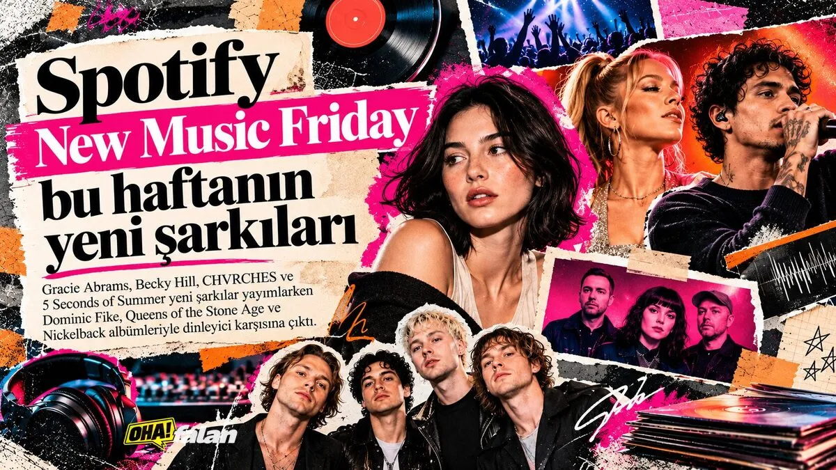 Koyu renkli bir müzik stüdyosunda vinil plaklar, kulaklıklar ve ses mikseri bulunuyor. Arka planda renkli ışıklar ve müzik ekipmanları görülüyor. Sahnede insan yüzü, marka logosu ve yazı bulunmuyor.