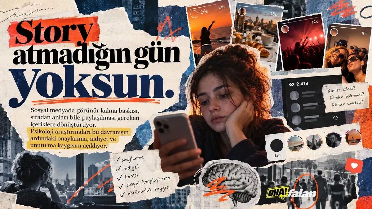 Karanlık bir odada boş bir telefon ekranının karşısında duran siluet, çevresinde giderek silikleşen dijital profil çerçeveleri ve izleyici simgeleri, görünür olma baskısını anlatan çarpıcı bir kompozisyon.