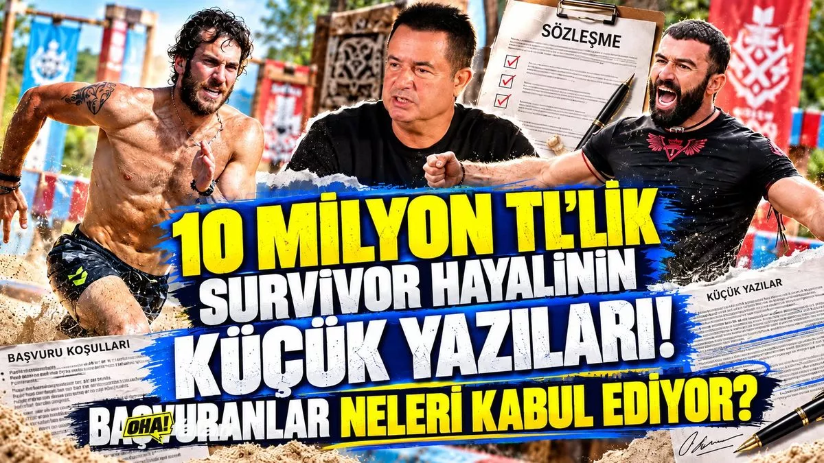 Tropikal bir adada yarışma parkuru, iki ayrı takımın bayrakları, kum zeminde başvuru belgeleri ve dramatik televizyon yarışması atmosferi.