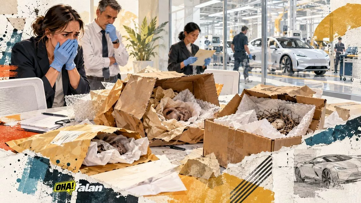Modern bir otomobil üretim tesisindeki yönetici ofisinde açılmış kargo kutuları, zarflar ve bir kutunun içinde gerçekçi biçimde görünen domuz gözü. Gergin bir atmosfer, doğal gün ışığı, kara mizah unsurları taşıyan sinematik editoryal kompozisyon, 1920x1080.