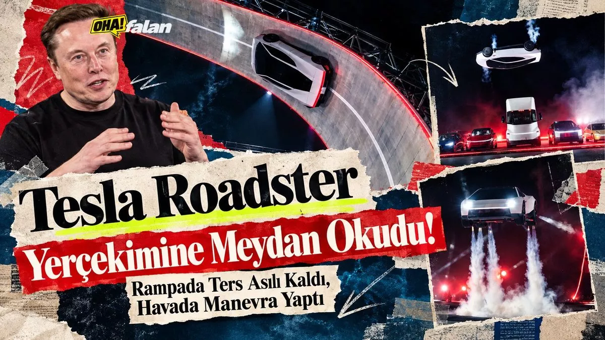 Devasa C biçimli metal rampanın üst bölümünde tekerlekleri gökyüzüne dönük biçimde ters asılı duran gümüş renkli fütüristik spor otomobil. Gece çekimi, güçlü pist aydınlatmaları, gerçekçi otomobil fotoğrafçılığı, insan, logo ve yazı yok.