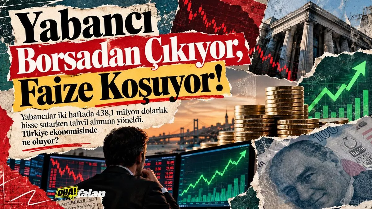 Modern bir finans merkezinde düşüş eğilimindeki borsa grafiklerini gösteren büyük ekranlar, ön planda kırmızı ve yeşil finans göstergeleri, sağ tarafta yükselen tahvil grafiği, hareketli ve dramatik bir ekonomi haber atmosferi, canlı renkli editoryal kolaj, yazısız ve logosuz, 16:9.