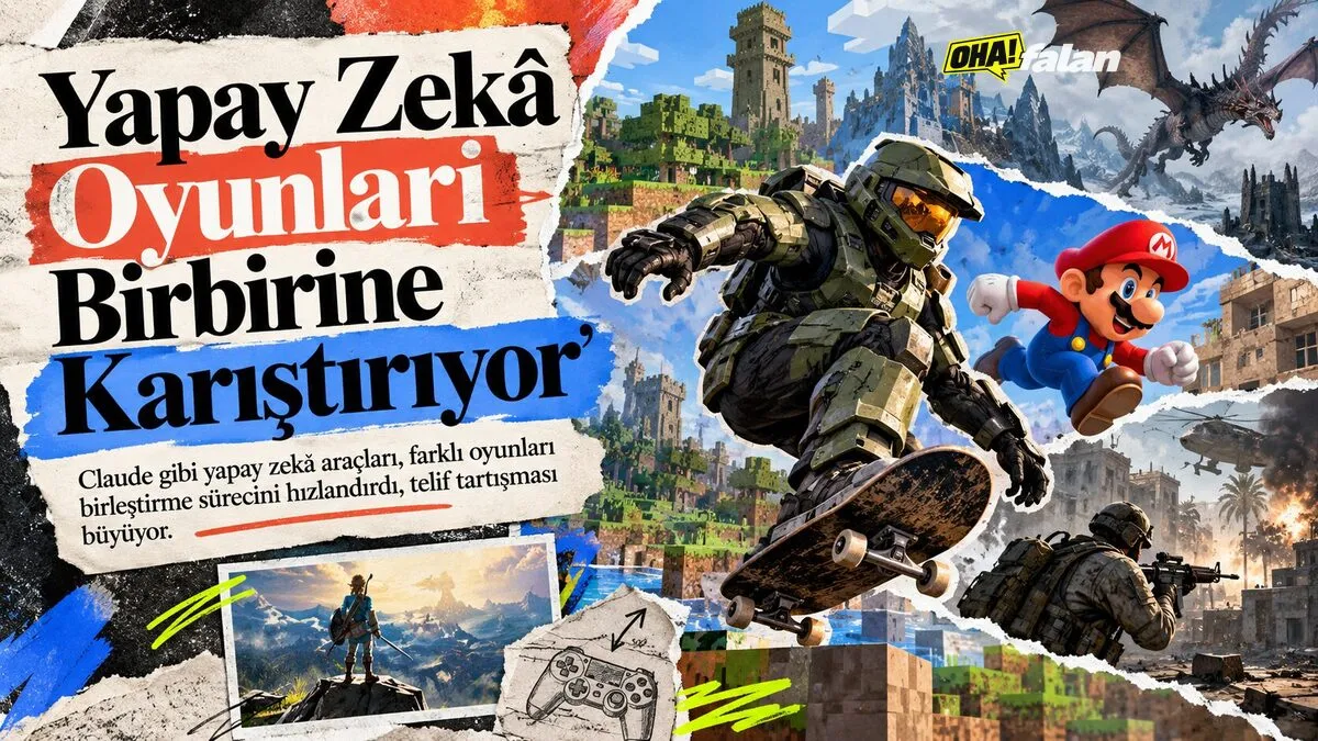 Bloklardan oluşan fantastik bir oyun dünyasında kaykay kullanan zırhlı bir karakter, gökyüzünde süzülen uzay araçları ve farklı oyun evrenlerinden esinlenen unsurların bir araya geldiği sinematik dijital sahne.