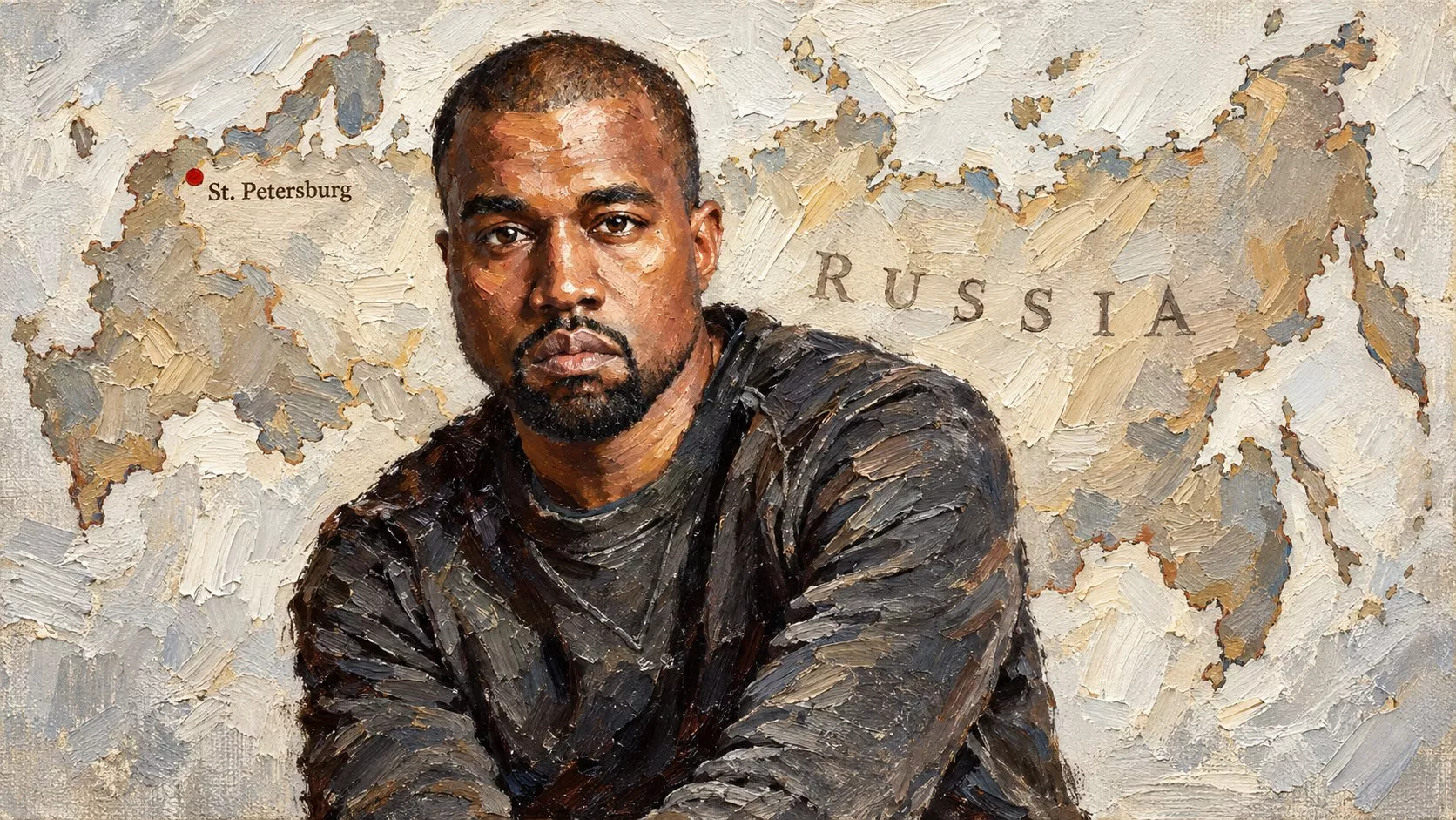 Kanye West’in konser sahnesi ve St. Petersburg’daki Gazprom Arena’yı bir araya getiren haber illüstrasyonu