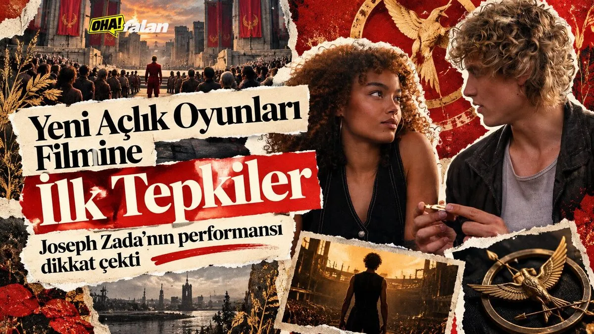 Karanlık bir arenada tek başına duran genç bir yarışmacının arkadan görünen silüeti, çevresinde yükselen metal tribünler ve sisler arasında parlayan ışıklar. Kırmızı ve altın tonlarıyla hazırlanmış sinematik bir distopya sahnesi.