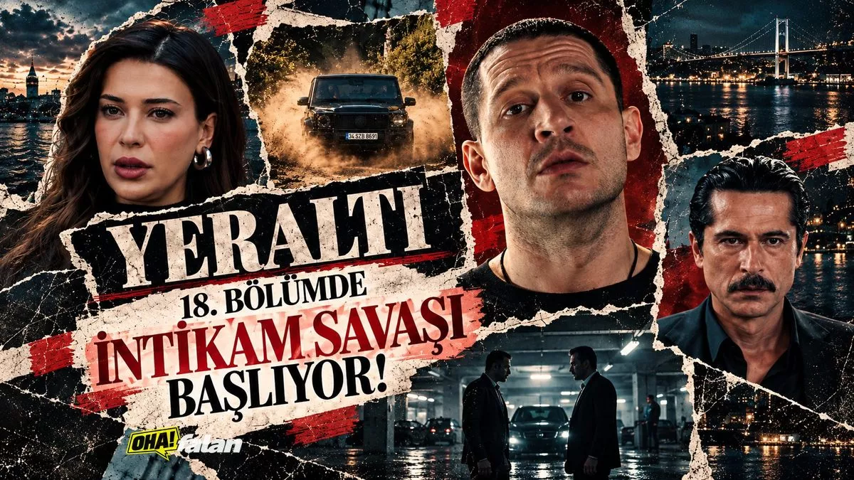 Karanlık bir yeraltı otoparkında birbirine karşı duran iki erkek silüeti, aralarında güçlü bir gerilim, geride park edilmiş siyah otomobiller, dramatik sinema ışığı, gerçekçi televizyon draması atmosferi.