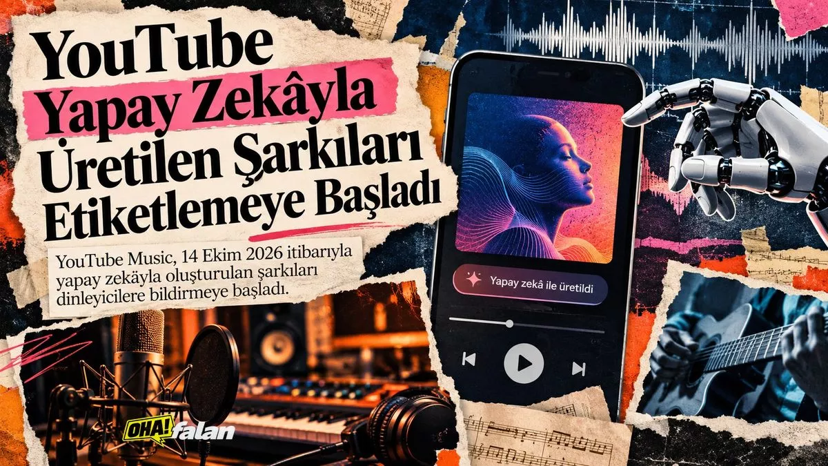 Modern bir müzik stüdyosunda ses dalgalarıyla çevrelenmiş dijital müzik oynatıcısı, bir tarafta geleneksel müzik enstrümanları, diğer tarafta yapay zekâyı temsil eden soyut elektronik devreler, canlı turuncu, mor ve turkuaz renkler, editoryal kolaj estetiği, yazısız ve logosuz.