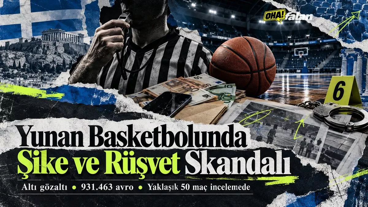 Karanlık bir basketbol salonunda hakem düdüğü, basketbol topu ve zemine saçılmış avro banknotları. Arka planda boş tribünler ve güçlü projektör ışıkları.