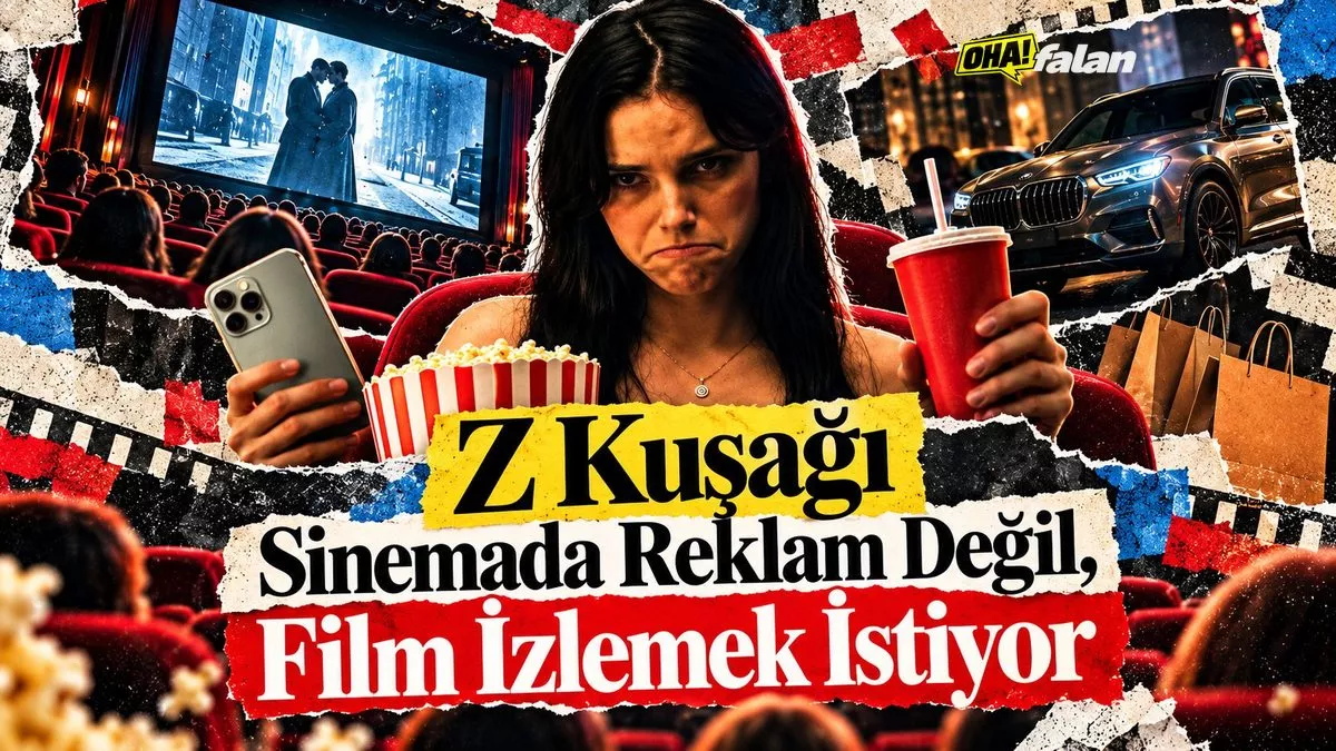 Karanlık bir sinema salonunda dev perdede dramatik bir film sahnesi, ön sıralarda izleyici silüetleri ve sahnenin atmosferini bozan reklam panolarını simgeleyen ışıklı dikdörtgenler.